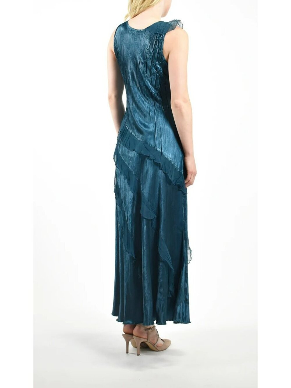 Komarov Blue Sleeveless Maxi Dress Rosette Asymmetrical Ruffles 90s Whimsigoth - Picture 3 of 16